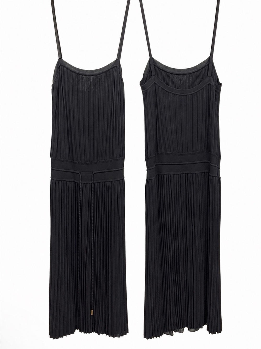Gucci Black Silky Knit Pleated Drop Waist Strappy Midi Dress Tassel Tie Belt S - Picture 3 of 16